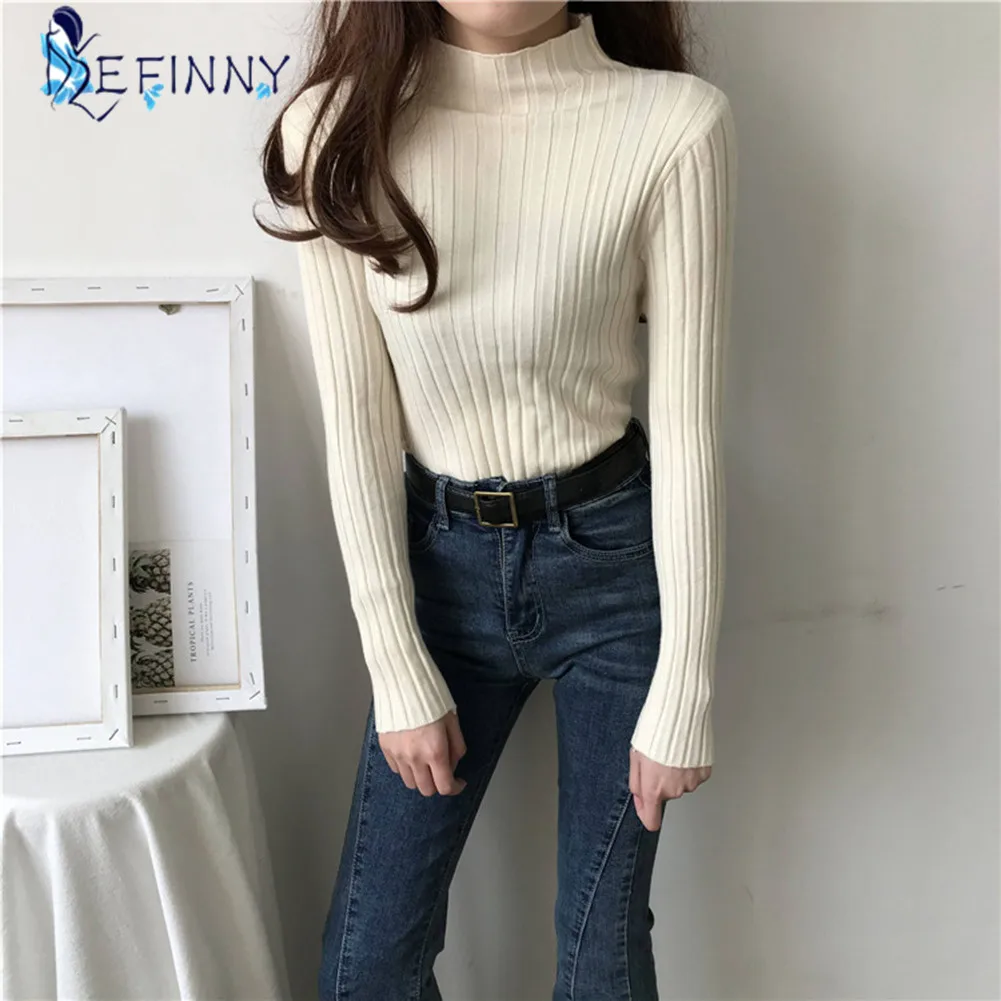 

Warm Pull Femme Autumn Spring Sweater Women Knitted Ribbed Pullover Sweater Long Sleeve Turtleneck Slim Soft Jumper