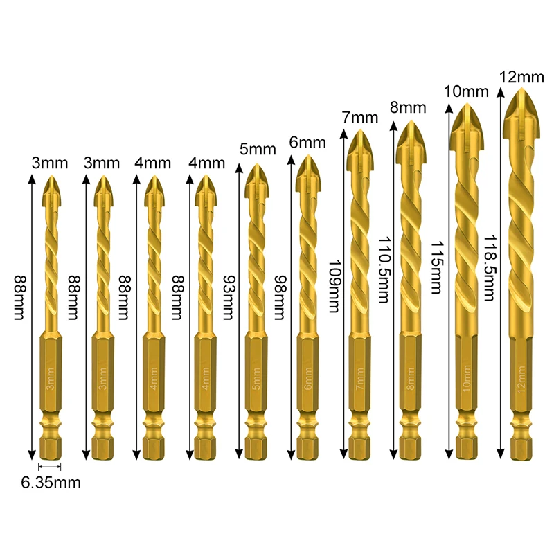 

10Pcs Masonry Drill Bit Set For Tile Concrete Brick Glass Wodd 3mm-12mm 1/4 Hex Shank Carbide Tile Drill Bit