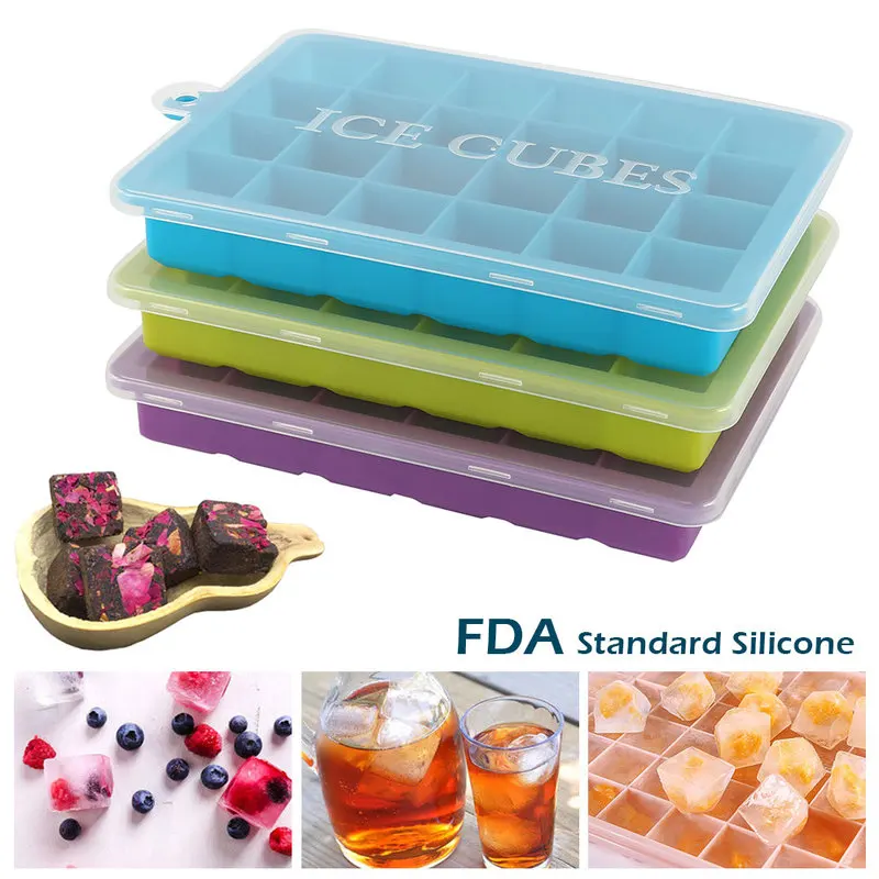 

3 Colors 24 Grid Silicone Mold Ice Cube Tray with Lid for Ice Cube Maker Eco-Friendly Small Fruits Mould for Wine Bar Drinking