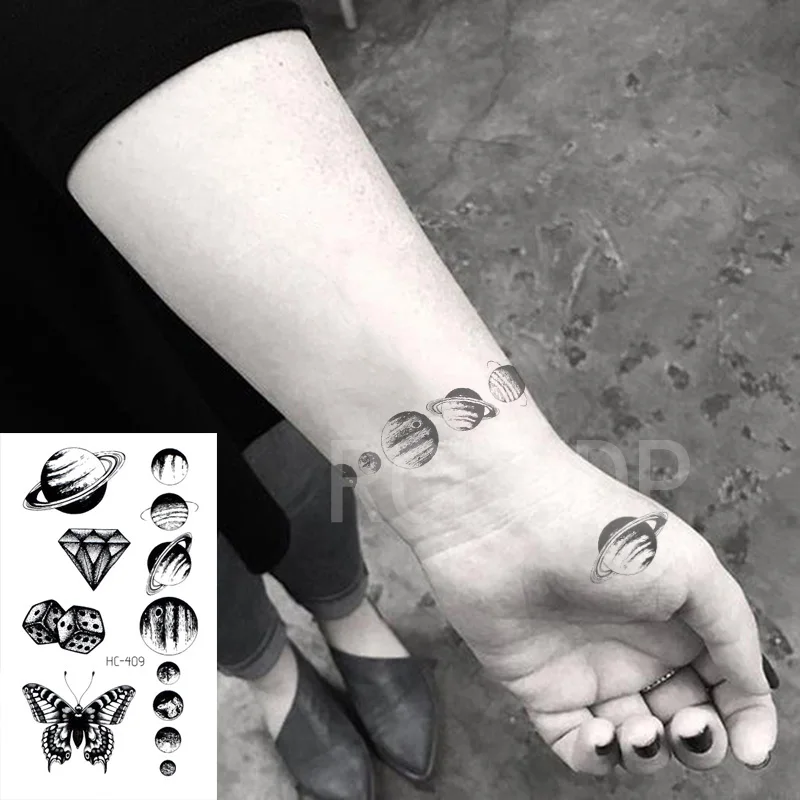 Водостойкая Временная тату наклейка планеты луна бабочки бриллиантовые кости