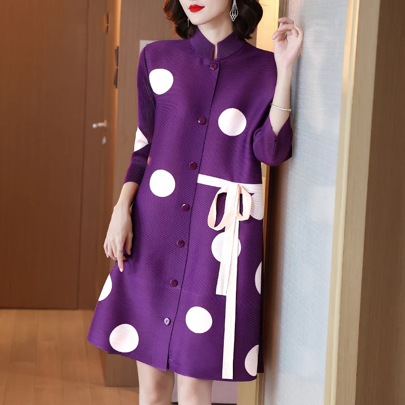 Trench Coat Women Clothing Spring Fashion Vintage Polka Dot Printed Stretchable Loose Miyake Pleated Single Breasted Outerwear