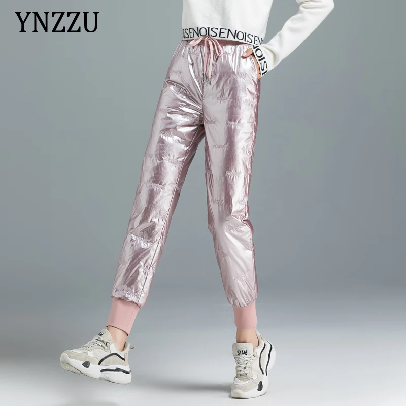 

Женские брюки 90% на белом утином пуху, зимние однотонные модные брюки-карандаш большого размера с высокой талией, яркие брюки YNZZU 1B023, 2021