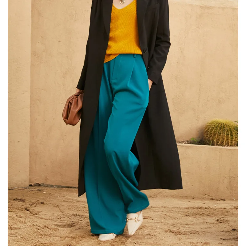 [EAM] High Waist Blue Pleated Split Joint Long Wide Leg Trousers New Loose Fit Pants Women Fashion Spring Autumn 2021 1DA645