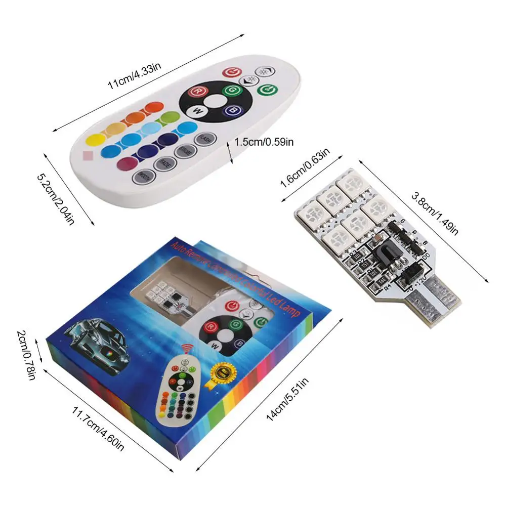 

New T10 W5W 168 5050 12SMD Remote Control 12V Auto RGB 16Colors LED Car styling Interior Dome Wedge Reading Light Lamp Bulb