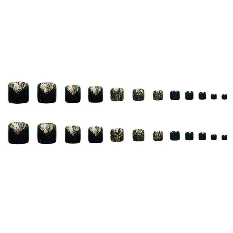 24 шт./кор. Блестящий золотистый и черный поддельные Ноготь на ноге с помощью клея