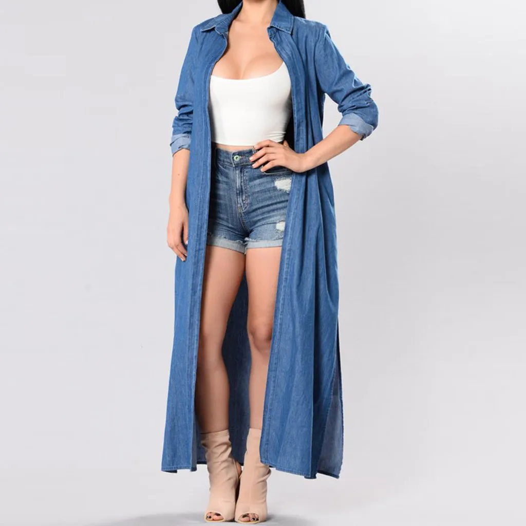 Женская модная джинсовая ветровка плащ длинное пальто Женский пикантный модный