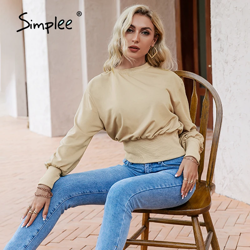 

Simplee повседневные женские толстовки с рукавом «Бишоп», Осенние офисные короткие толстовки с длинными рукавами, модные топы цвета хаки с кру...