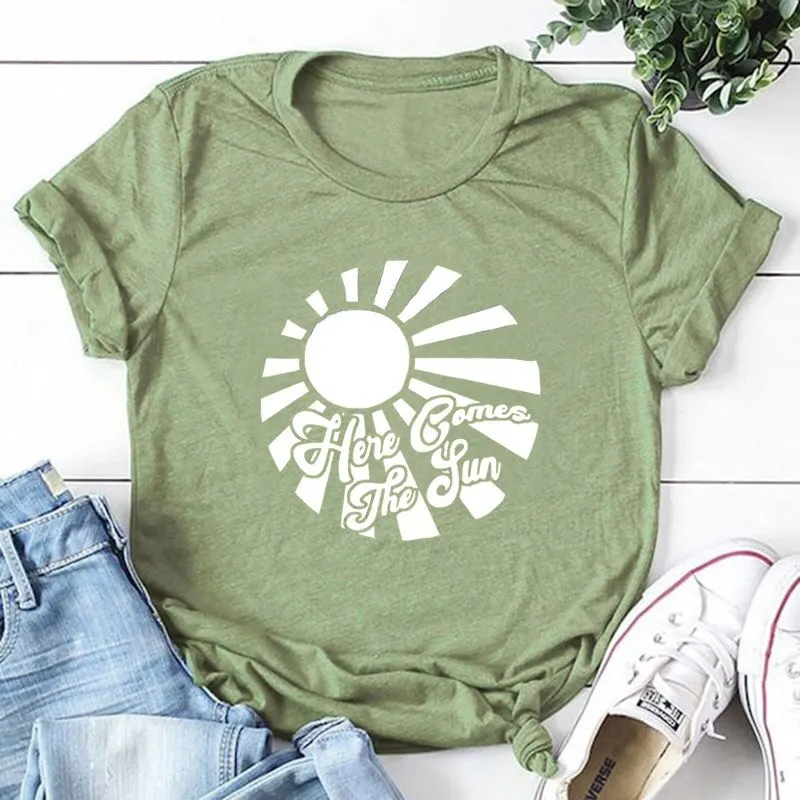 

100% Cotton Women T Shirt Comes The Sun Printed Tshirt Ladies Short Sleeve Tee Shirt Women Female Tops Clothes Camisetas Mujer