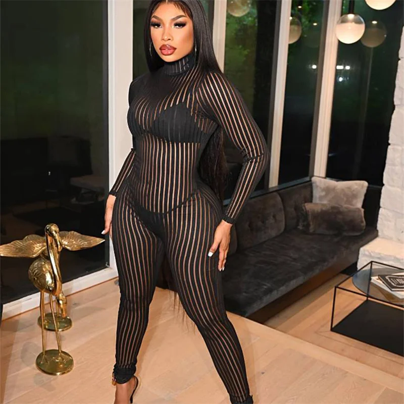 

CHRONSTYLE Striped Mesh Sheer Sexy Women Romper 2022 Long Sleeve Turtleneck See Through Jumpsuit Streetwear Overalls Outfits Y2K