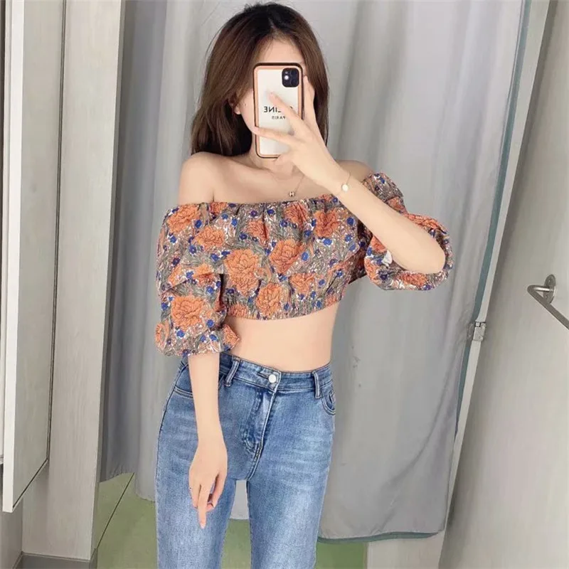 

Za 2021 Floral Print Cropped Blouse Women Short Puff Sleeve Ruffle Vintage Summer Top Sexy Off Shoulder Woman Elastic Shirts