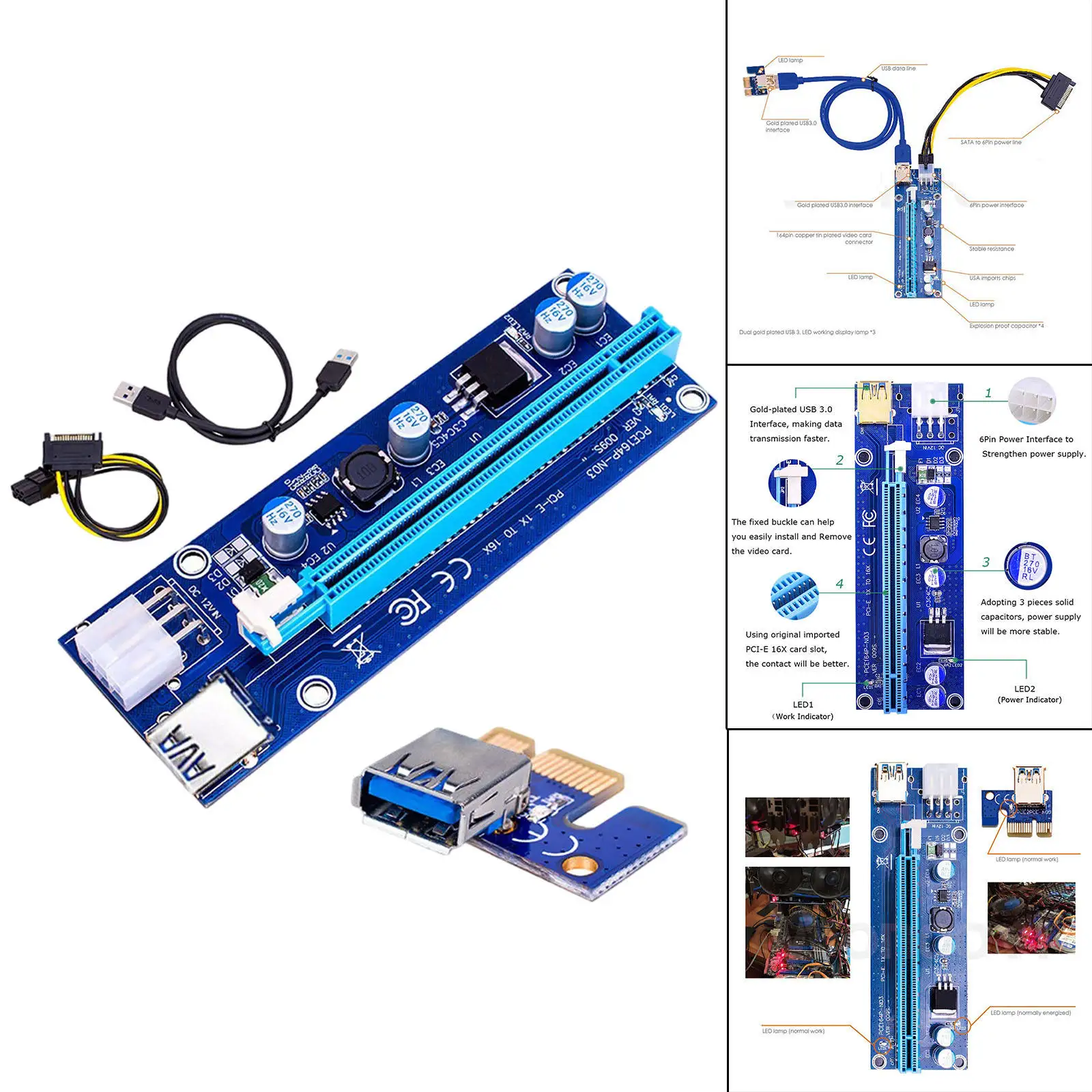 

Райзер-карта VER009S PCI-E USB 3,0 1X до 16X