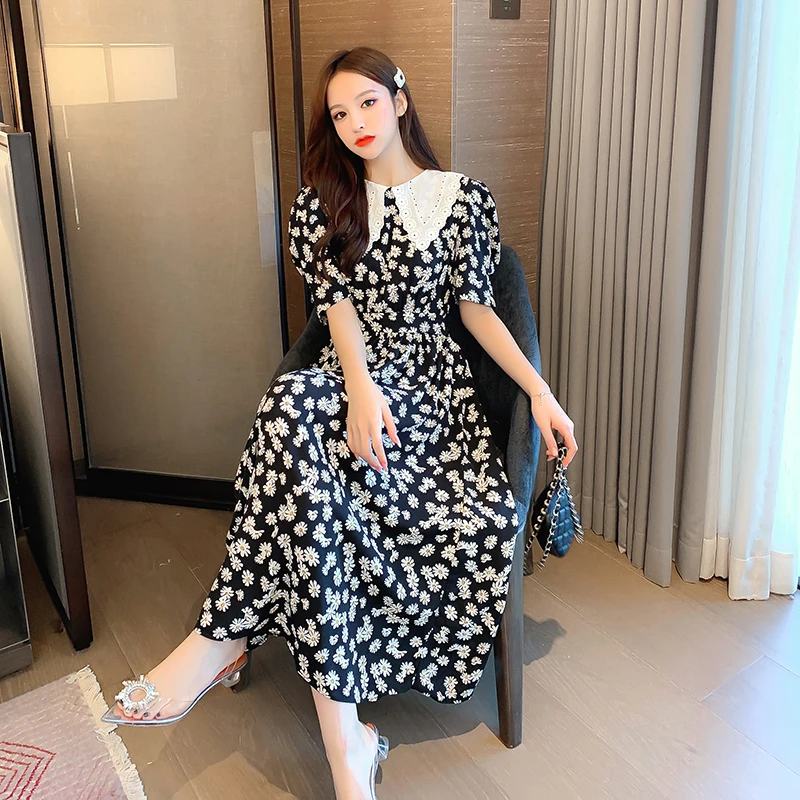 

SummLong Floral Chiffon Women Dress Summer 2021 Runway Retro Black Elegant Party Night Dress Boho Korean Casual Vacation Dresses