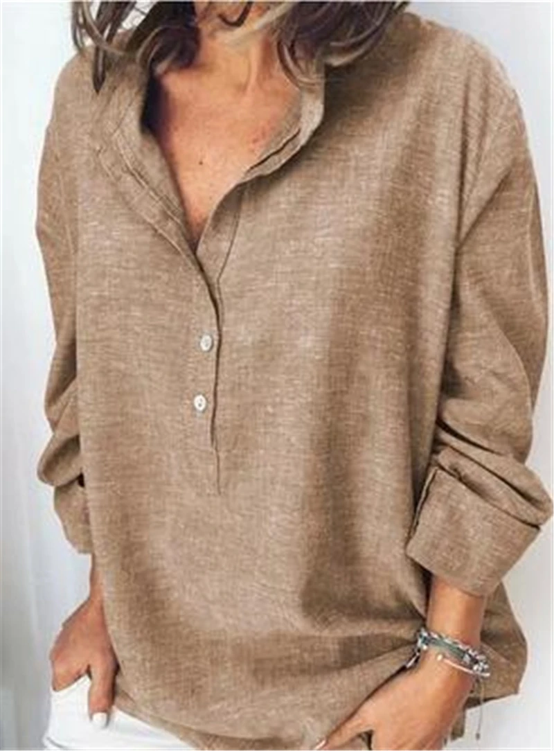 

Women Oversize Shirt Solid Color Autumn Long Sleeve Button Casual Loose O-Neck Shirts Women's Fashion Breathable Blouse Tops