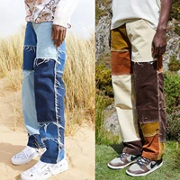 men wash splice casual straight tassel patchwork jeans trousers male fashion streetwear loose hip hop denim full length pants