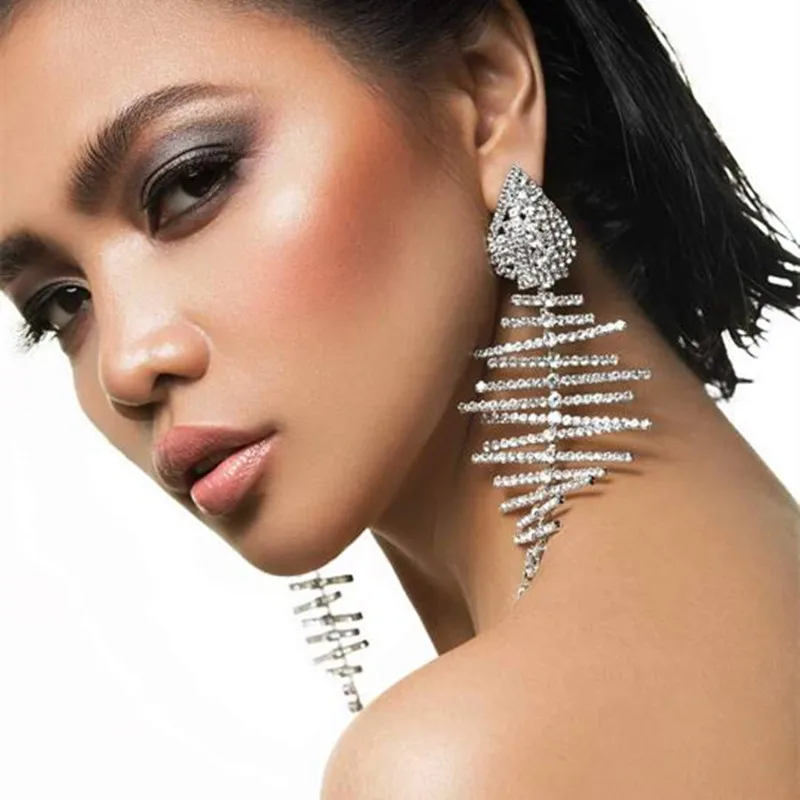 Роскошные свадебные серьги длинные подвески с кристаллами в виде рыбьей кости
