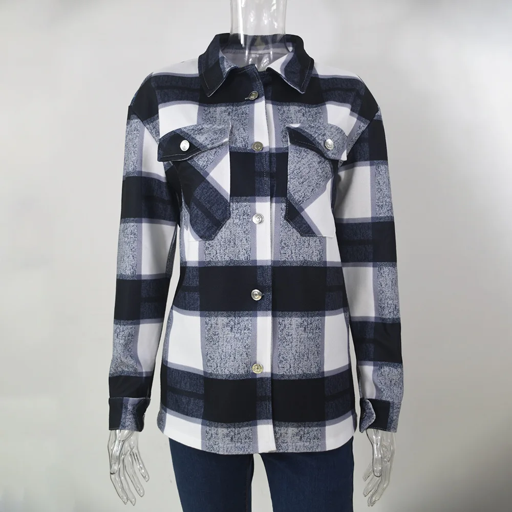 

Women Loose Turn Down Collar Blouses Fashion Single Breasted Shirts Women Elegant Front Pockets Plaid Tops Female
