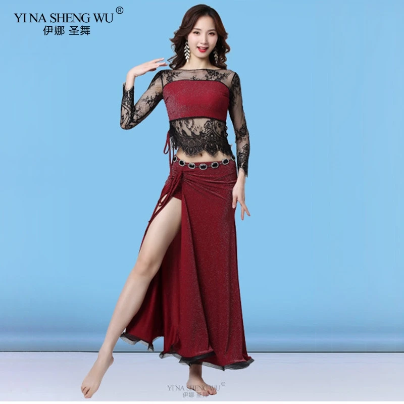 

2pcs Women Belly Dance Costume Set Long Sleeves Floral Lace Top and Skirt Bellydance Training Class Clothes Oriental Outfit