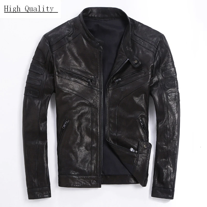 Мужская мотоциклетная куртка из козьей кожи черная приталенная винтажная