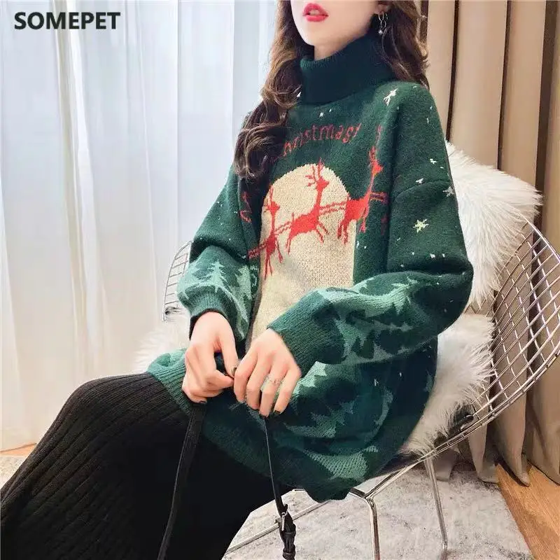 

Christmas Snowflake Pullover Sweater Women Winter Loose Long Sleeve Knitted Top Korean Vintage