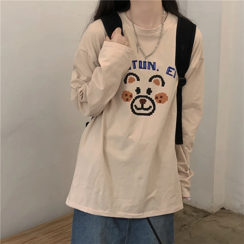 

Рисунок с милым медведем 2020 новые осенние женские футболки абрикосового цвета с длинным рукавом Свободные корейские топы с круглым вырезом