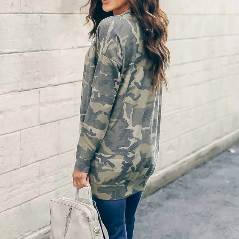 Повседневная Женская камуфляжная Свободная рубашка с длинным рукавом женские
