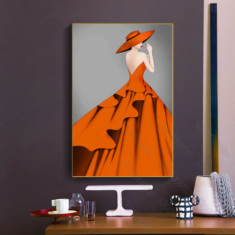 

Hand-Painted Pretty Women Pictures Canvas Painting Poster Charming Woman Wearing Long Orange Dress Hat for Home Rooms Wall Decor