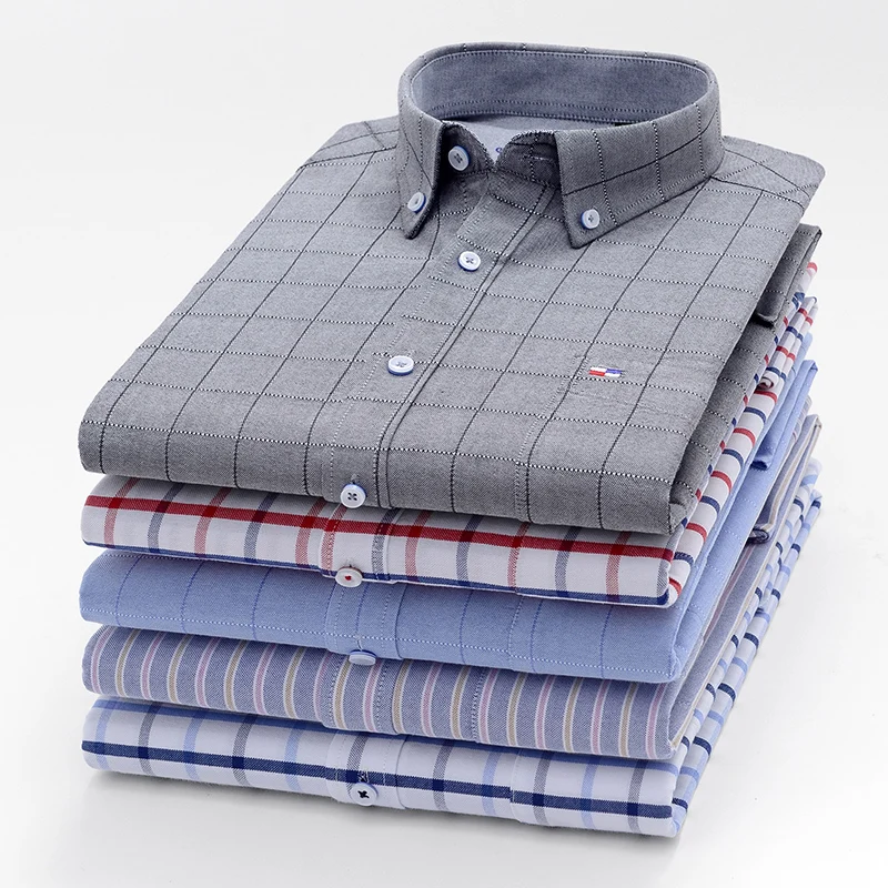 

Cotton Oxford striped Men's shirts Casual plaid shirt for Mens long sleeve Leisure Checked Regular Fit Male Clothes with Pockets