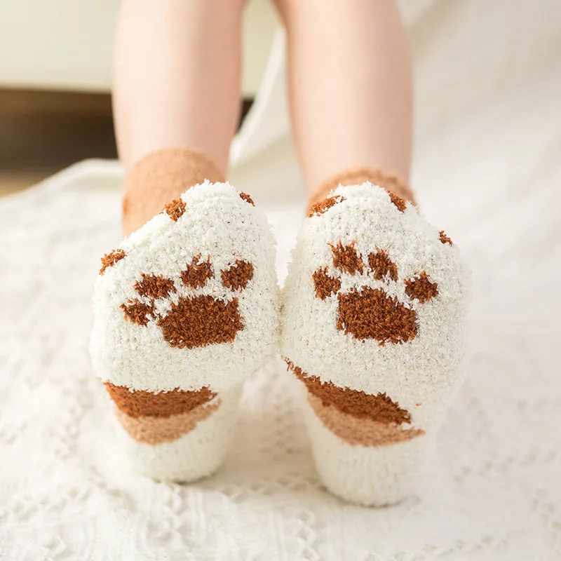 Fuzzy Fluffy Terry Warm Socks Animal Claws Coral Velvet Socks Winter Kawaii Thick Socks Striped Cartoon Women Short Cute Socks