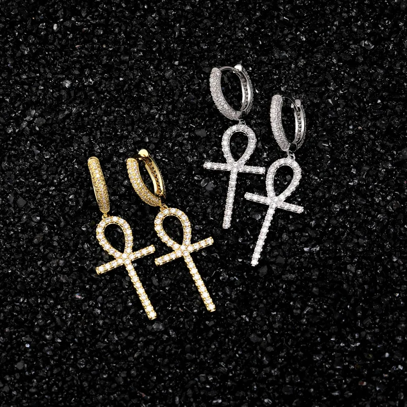 

Cross Earrings Fashion Punk Earrings Hip Hop Jewelry Streetwear Earring Gold Iced Out Stud Round Earrings With CZ for Men