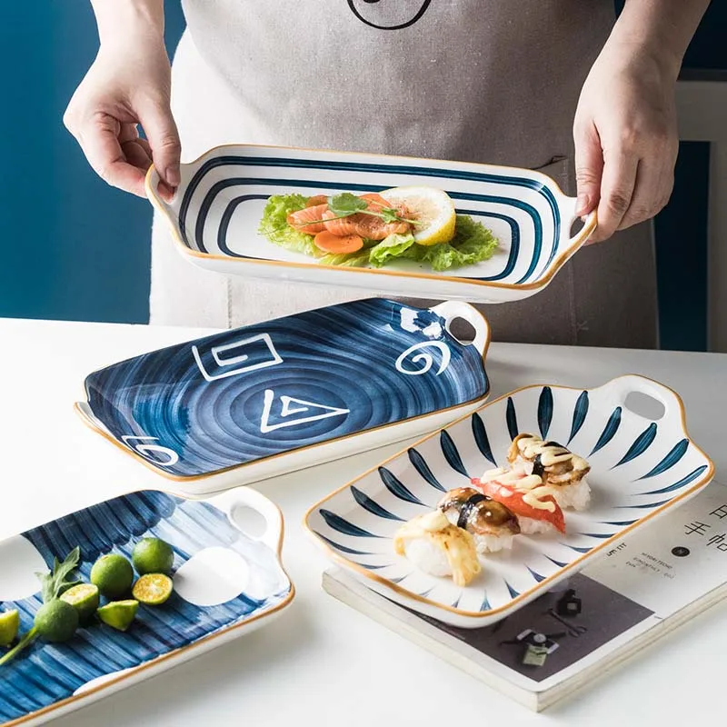 

Японская керамическая посуда, креативные тарелки для суши, фруктов, салатов, десертов, тарелки для рыбы, Сервировочные подносы, набор для до...