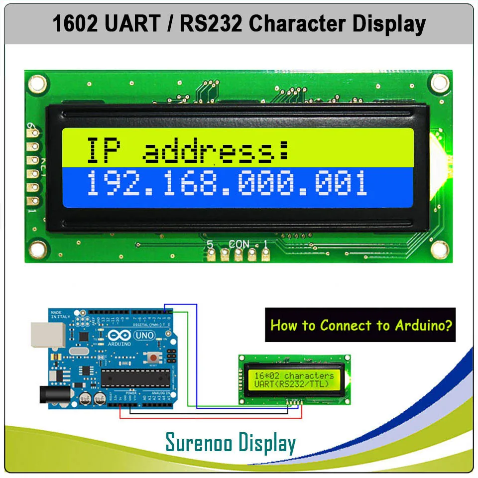 Фото Модуль ЖК-дисплея CMOS UART RS232 Serial 1602 162 16*2, LCM для Arduino, с поддержкой клавиатуры, синий, желтый, зеленый №1