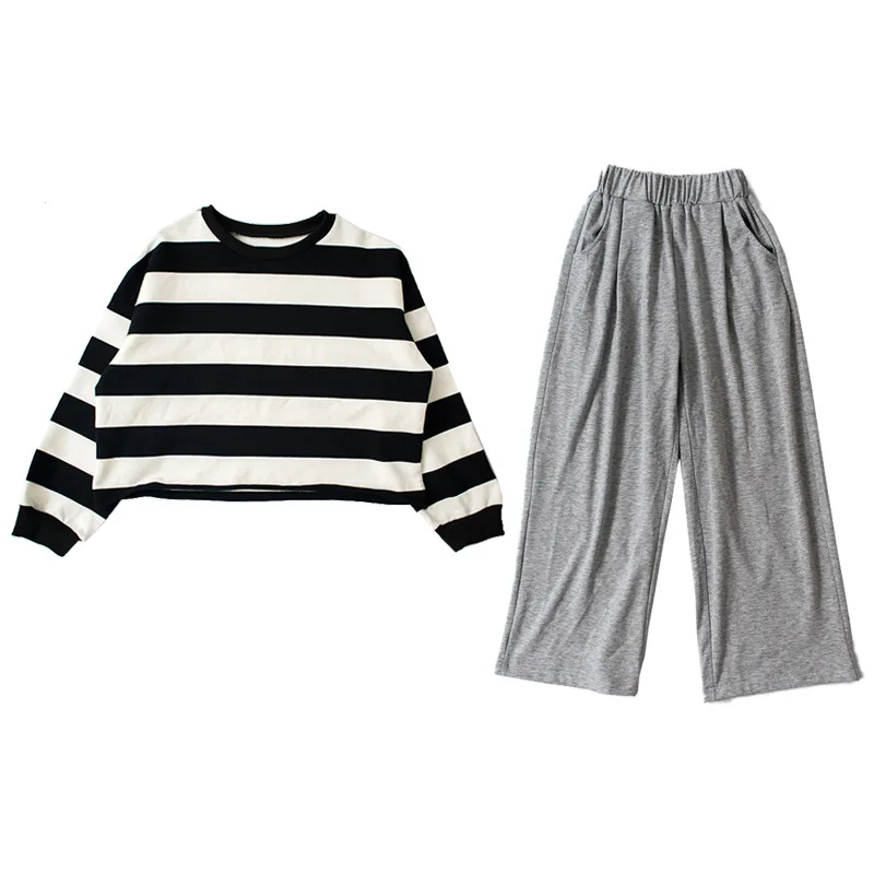 

Girls Set 2021 New Children Clothes Fashion Stripe Sweatshirt Casual Wide Leg Pants Two-piece Kids Tracksuit Teens Suit 6 8 10 Y