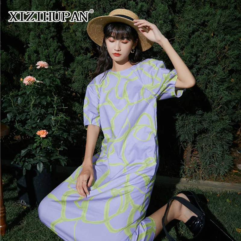 

XIZIHUPAN Casual Print Dress For Women A Line O Neck Puff Short Sleeve Midi Minimalist Dresses Female Summer Fashion New 2021