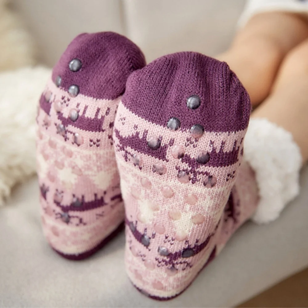 Зимние женские плюшевые Нескользящие тапочки Домашние носки Рождественские
