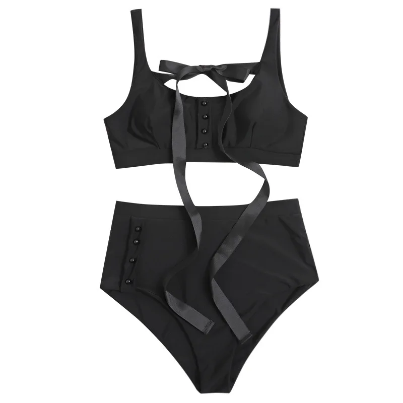 

Women's Sexy Solid Color Low Collar Button Short Lace-Up Tank Top High Waist Elastic Briefs Bikini Set