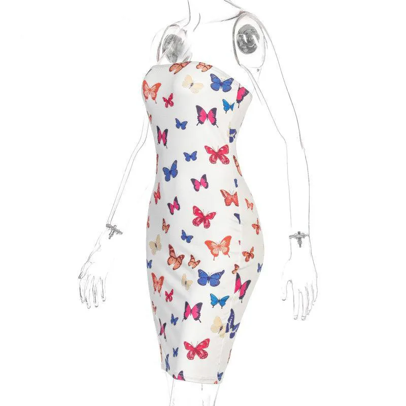 

PADEGAO Butterfly Print Strapless Women Party Sexy Clubwear Bodycon Skinny Wrap Chest Mini Dresses 2020 New Slim Dresses PDG378