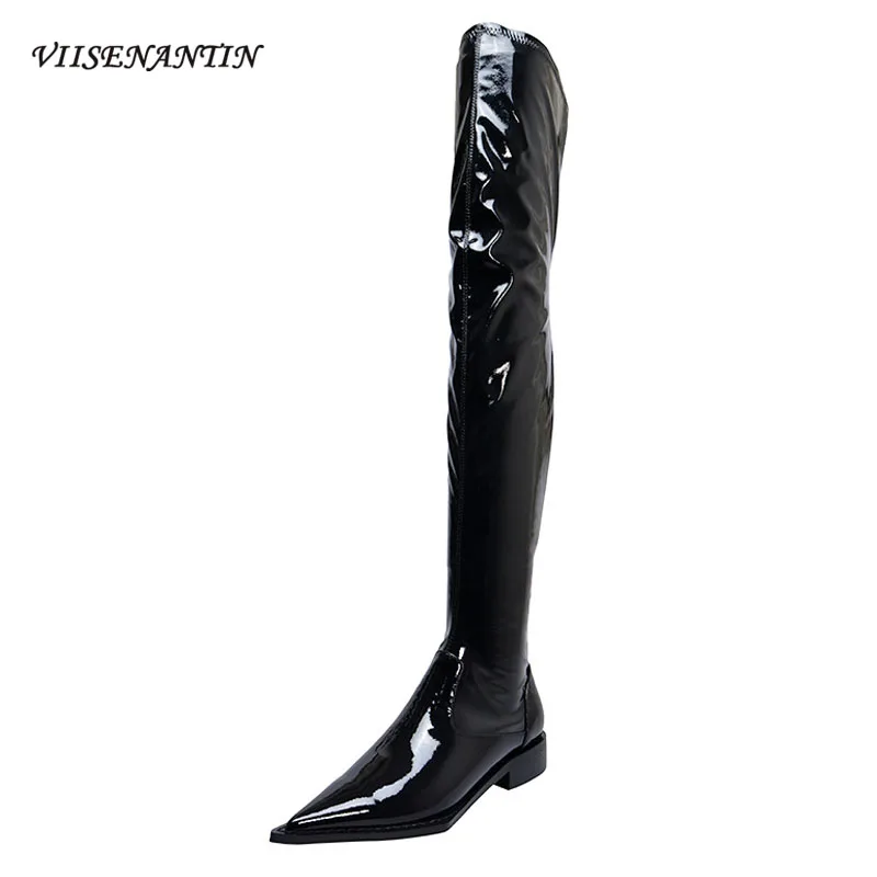 

VIISENANTIN 2019 new patent leather fashion over the knee slim sexy boots female thick low heel pointed toe nightclub tide boot