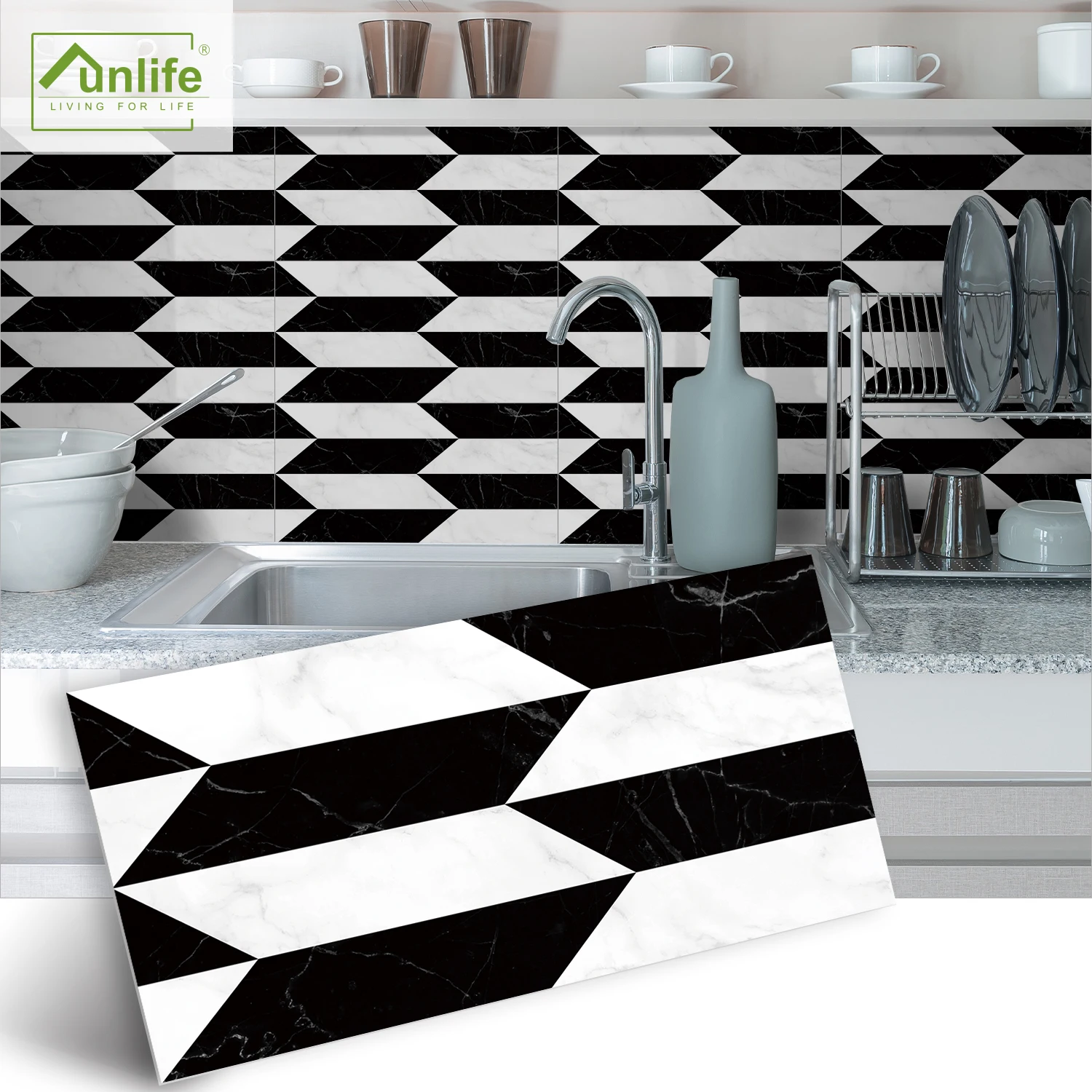 

Funlife® 30x15cm Black & White Geometry Self-Adhesive Thick Wall Stickers Tile Sticker Fireplace Waterproof Kitchen Backsplash