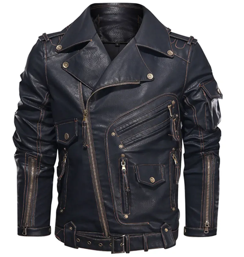 Leather Winter Jacket Men Fashion Motorcycle PU Leather Jacket Cool Zipper Pockets Coats EU Size