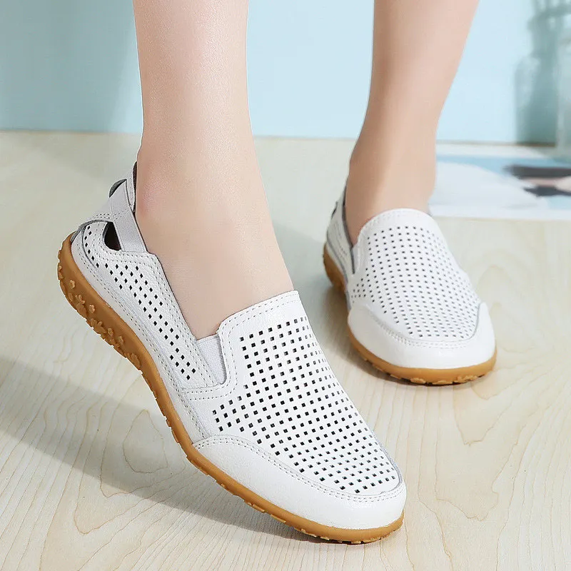 

BEYARNEnew split leather women summer shoes cutouts woman moccasins fashion hollow women flat shoes breathable woman shoe