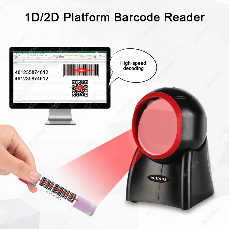 

QR Code Desktop Barcode Reader USB 2D Hand-Free Bar code Scanner 2d Auto Sense PDF417 Data Matrix Reader for Supermarket Store