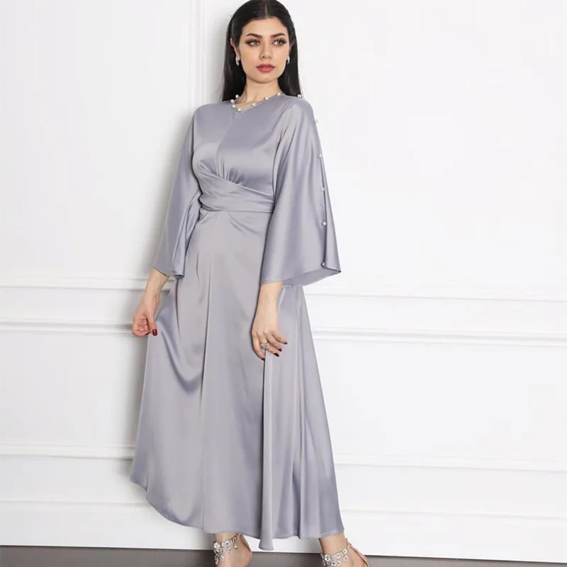 Satin Lotus Leaf Sleeve Dress Abaya Dubai Turkey Maxi Dress Women Arabic Muslim European American Islamic Clothing Robes