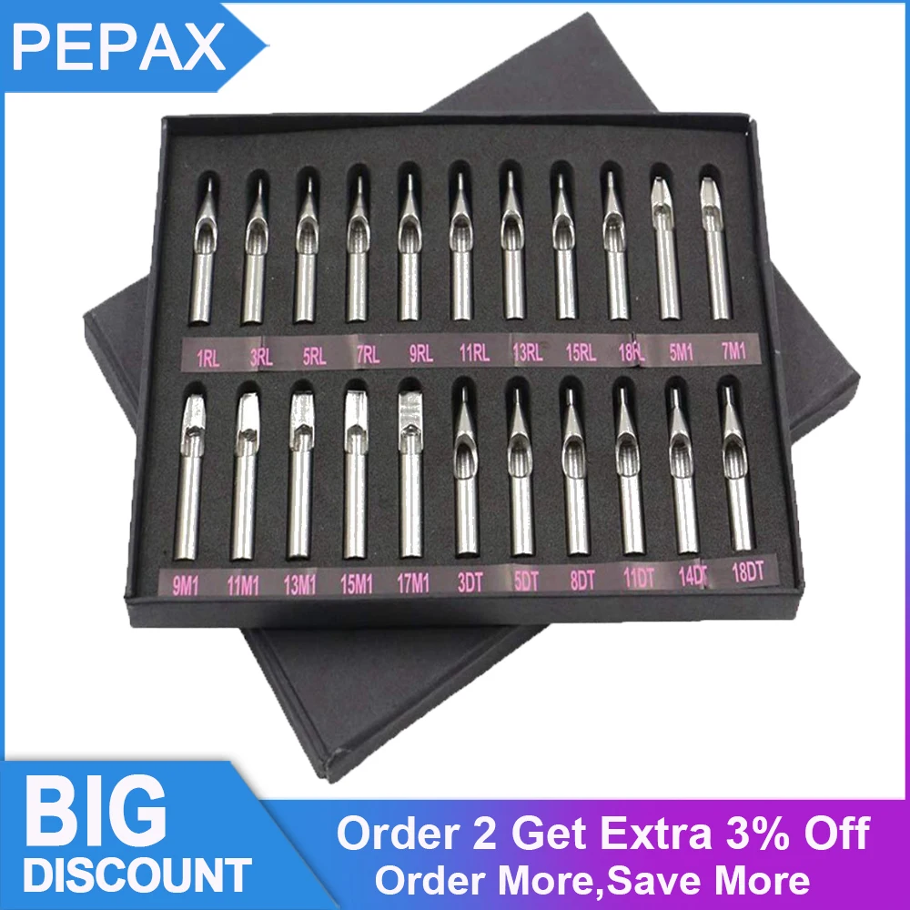 

22pcs Tattoo Tips Set Round Diamond Magnum DT RT FT Stainless Steel Tattoo Tip Tube Assorted for Tattoo Machine Gun Ink Grip