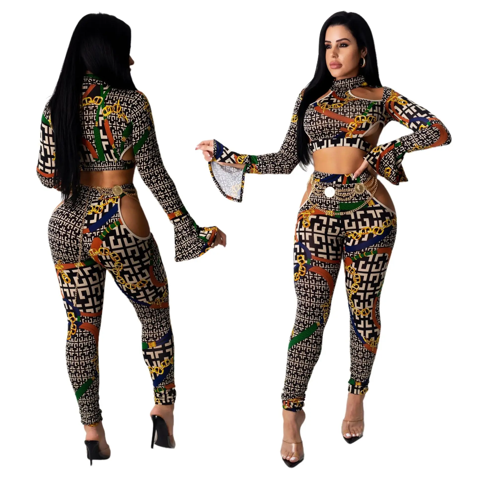 

Womens Sexy Club 2 Piece Outfits Long Sleeve Short Top and Sexy Hollow Out long Pants Set
