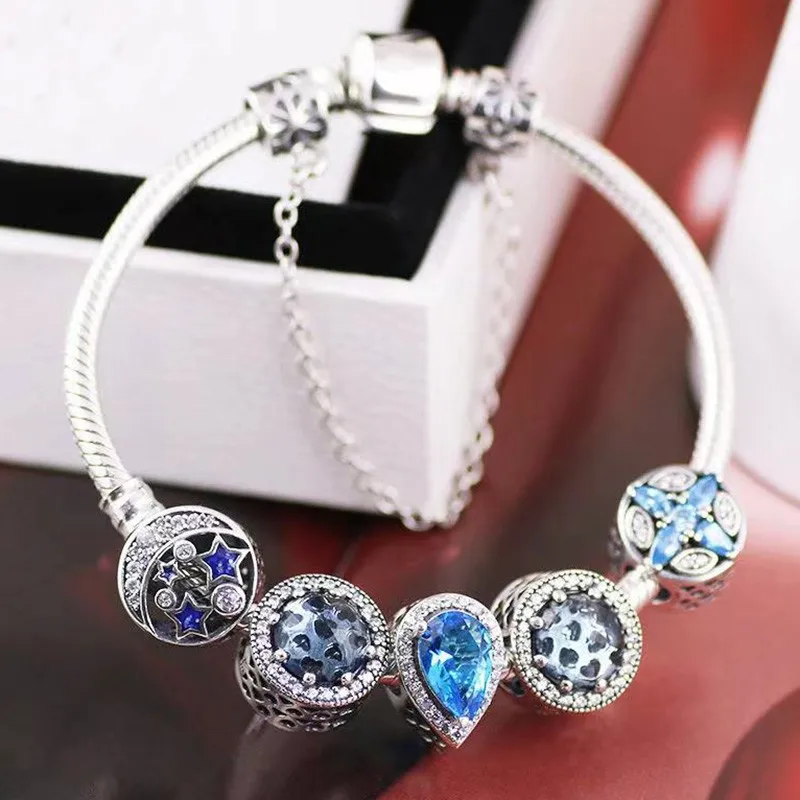

Original 925 Sterling Silver Classic Blue Water Drop Beads With Classic Button Bracelet For Women's Wedding Party Gift Jewelry