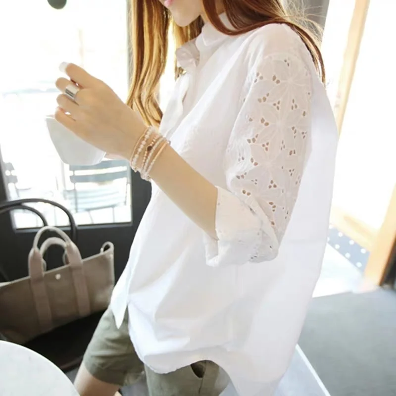

Новинка весенне-осенний хлопковый белый кружевной ажурный длинный рукав в Корейском стиле cмаз