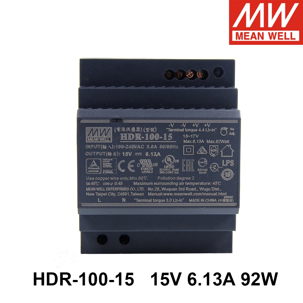 

MEAN WELL HDR-100-15 85-264V AC TO DC 15V 6.13A 92W Single Output DIN Rail Switching Power Supply Meanwell HDR-100 Solid SMPS