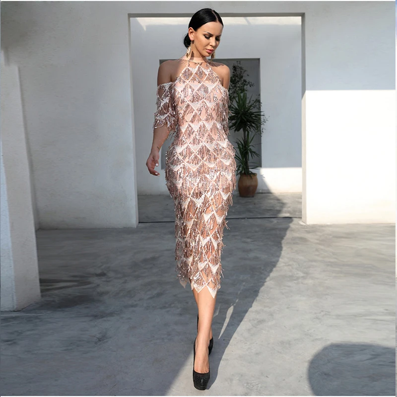 Женское платье с блестками It's Yiiya зеленое большого размера воротником халтером