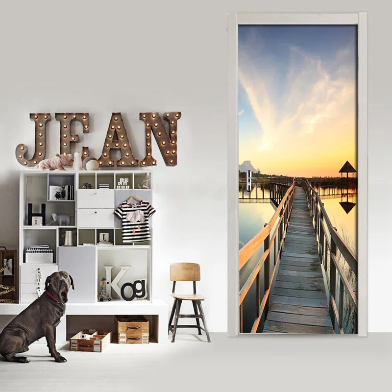 3D наклейки на двери закат морской пейзаж деревянный мост водонепроницаемая