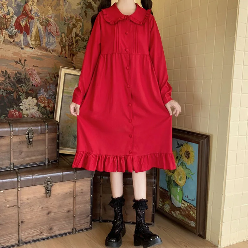 

Autumn New 2020 Japanese Elegant Sweet Kawaii Lolita Style Women Dress Retro Doll Collar Long Dress Sleeve Lady Dresses